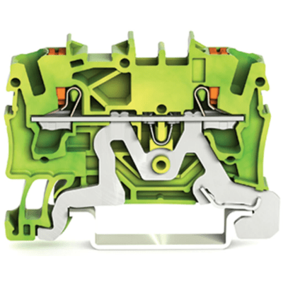 Borna de Tierra TOPJOB® S / 2 Conductores / Sección 2.5 mm² / Tecnología Push-in CAGE CLAMP® / Operación con Tecla / Montaje Carril DIN 35×15 y 35×7.5 / Color Verde-Amarillo / Aplicaciones Ex y Ferroviarias / Certificacio