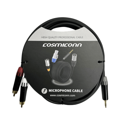 Cable 3.5mm a 2 RCA, conectores negros, con diferenciador de blanco y rojo en RCA MT380-RD – MT380-WH – MTP3C-BG, length 10m