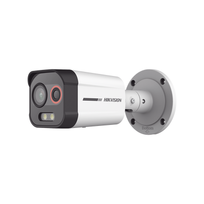Cámara Bala IP Térmica y Óptica Biespectral / Detección Térmica de Incendios y Humos / Medición de Temperaturas / Alcance hasta 20.3 m / Térmica 96 x 72 / Óptica 4 MP ColorVu / IP67 / Audio y Alarma