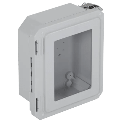 Caja Impermeable De Fibra De Vidrio, 8.77″ (22.27cm) Alto x 6.77″ (17.19cm) Ancho x 4.06″ (10.31cm), Con Ventanilla, Listado UL/cUL, Hecho En EE.UU, Serie EnviroArmour®