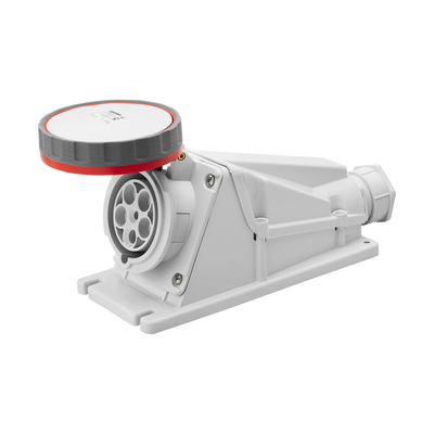 BASE DE SUPERFICIE ANGULADA 90° – IP67 – 3P+N+T 125A 380-415V 50/60HZ – ROJA – 6H – CABLEADO POR TORNILLO