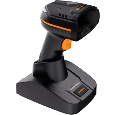 Lector de Códigos Inalámbrico Manual / 1D y 2D / Bluetooth 5.0 / Algoritmo Inteligente / Base Inteligente Carga y Comunicación / IP52 / 13 Horas Autonomía