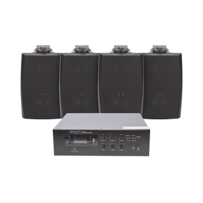 KIT de Amplificador de 120W para Escritorio | 4 Altavoces de Pared color Negro 2.5W – 20W | Sistema 70/100V