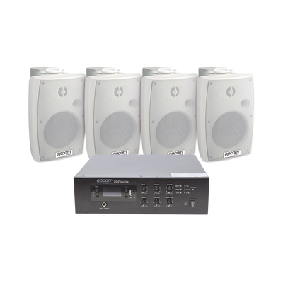 KIT de Amplificador de 120W para Escritorio | 4 Altavoces de Pared color Blanco 2.5W – 20W | Sistema 70/100V