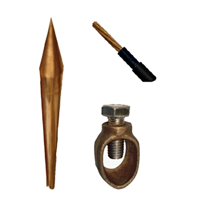 Kit Básico para Tierra Física con Varilla de  5/8″ de 1.5 m de Largo, Opresor y 10 Metros de Cable Negro  6 Awg.