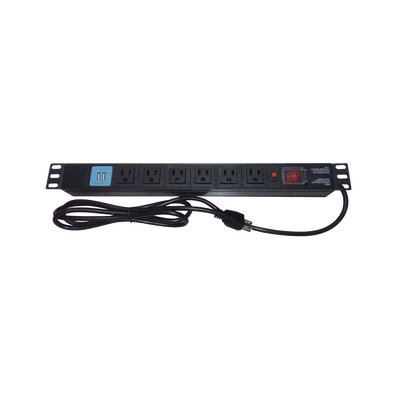 Tomacorriente Horizontal (PDU) de 6 contactos (NEMA 5-15R) + 2 USB para instalación en Rack de 19″, 1UR, 125 Vca/ 15 A (THE0040091001001)